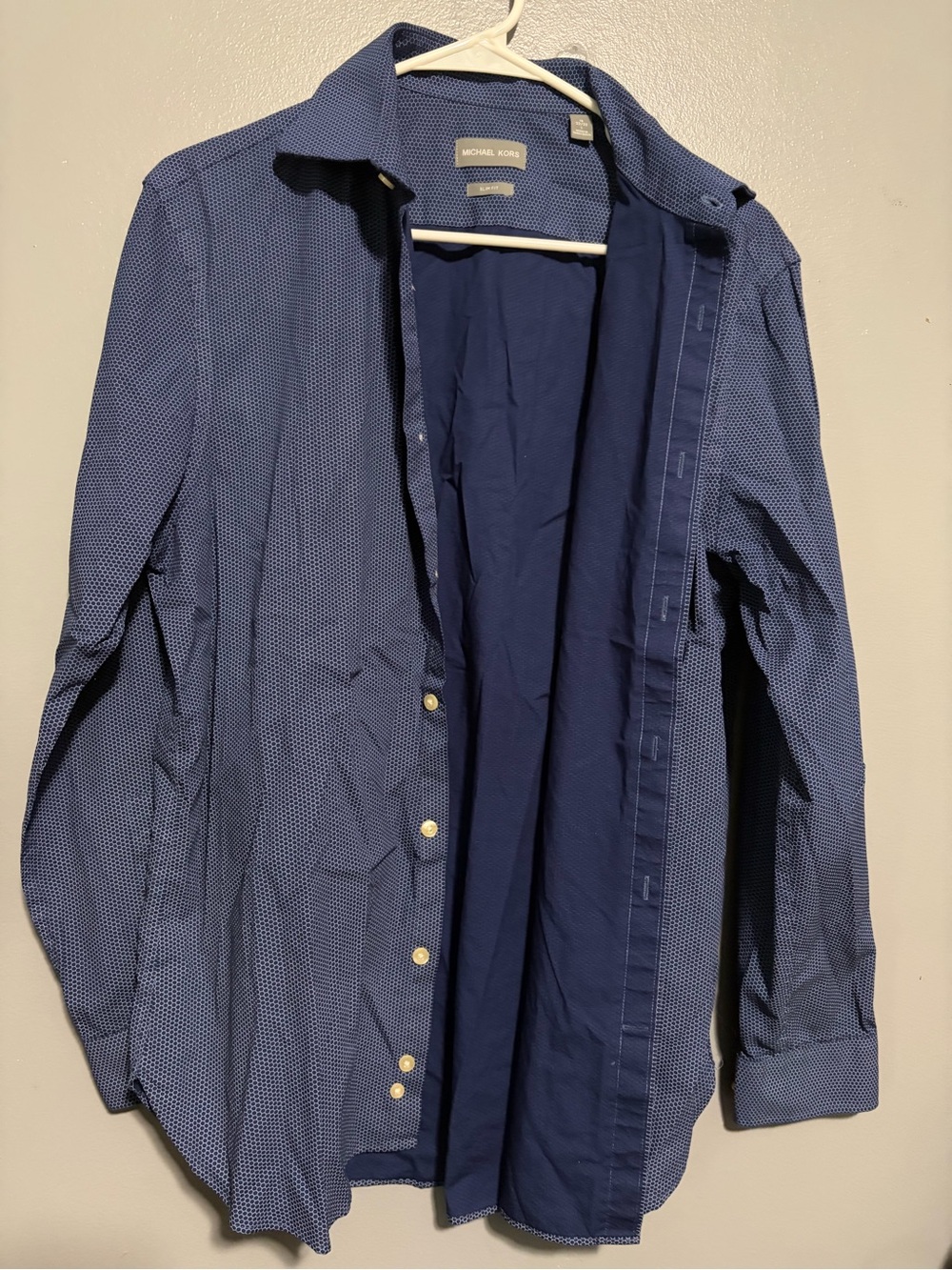 Michael Kors Navy Blue Micro-Pattern Long Sleeve Dress Shirt, Large